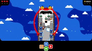 A long thing pixelart dungeon being eaten by a big red monster in Super Dungeon Muncher