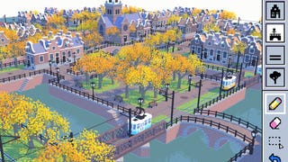 A pixelart town with trams trundling aroud parklands in free browser-based building sim Tramstertram