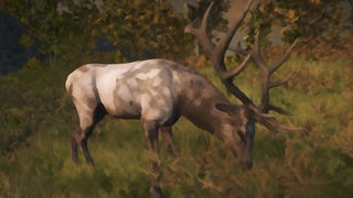 A painterly image of a deer with large antlers eating grass