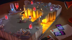 A paper and cardboard tabletop set with glowing fake lava and miniature figures arranged across it, from comedy strategy game Reptilian Rising