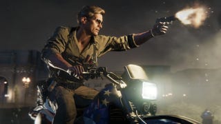 A Black Ops 6 character shooting a pistol while riding a motorbike at night