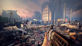 A ruined city is full of zombies, as the player points a machine gun towards them.