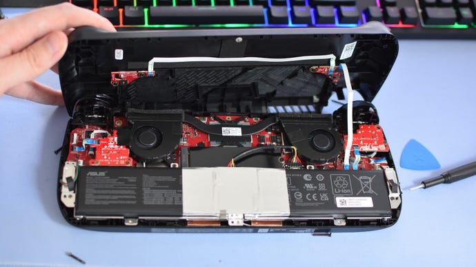 The internal layout of an Asus ROG Ally X, showing the M.2 2280 SSD in the centre.