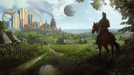 A lord on horseback looks at a group of buildings in the distance, all from different PC games.