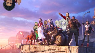 Various JRPG heroes gather on a broken bridge, pointing and looking at Ichiban Kasuga of the Yakuza series.