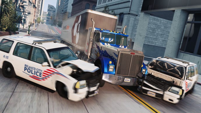 A large truck rams two police vehicles as they try to stop the driver.