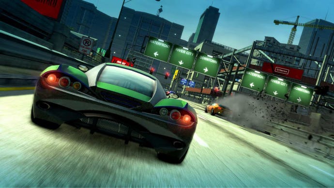 A green sports car speeds towards traffic signs in Paradise City.