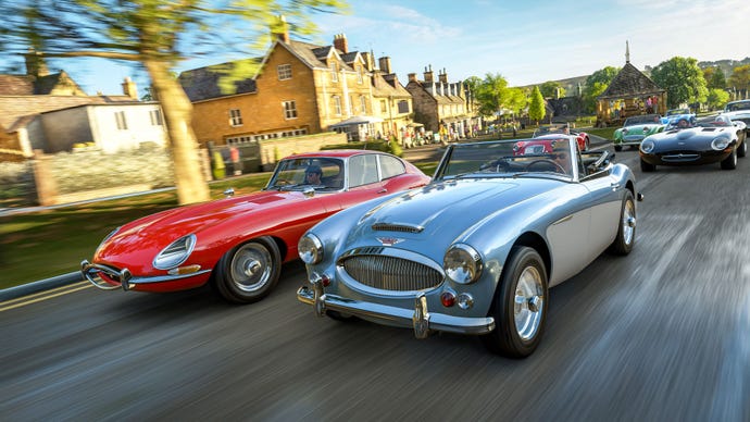 A collection of vintage sports cars face off in a rural British town.