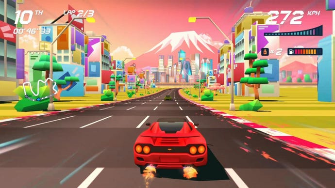 A red sports car boosts into a brightly coloured retro world.