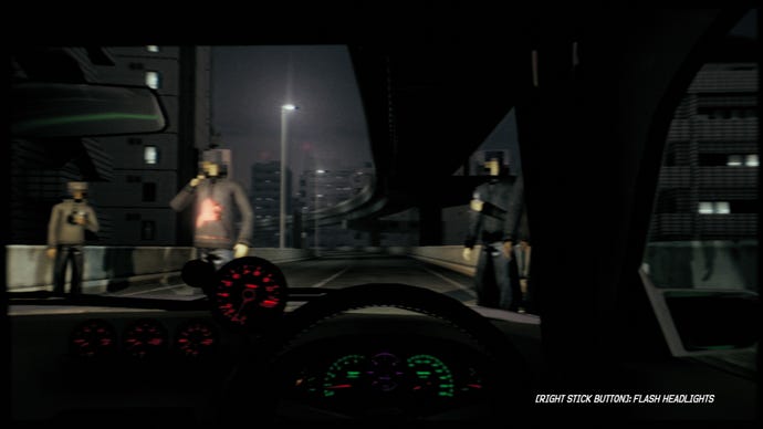 The player looks out from the front seat of their car, as three figures stand on the highway, waiting for an illegal race to start.