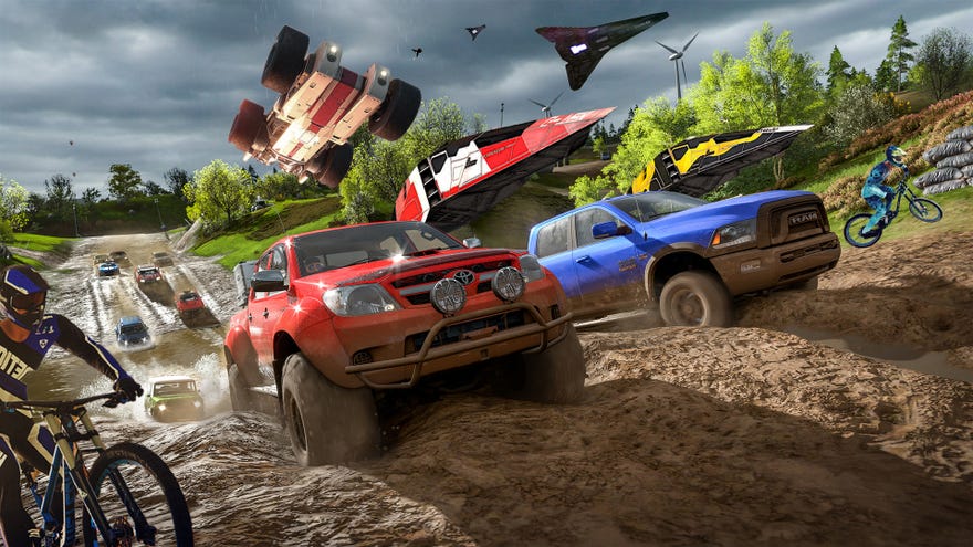 Various vehicles from many PC racing games compete over a muddy racetrack.