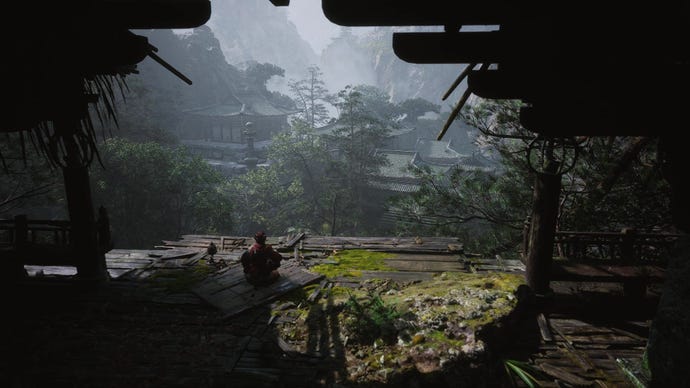 Meditating in the forest cliffs in Black Myth: Wukong.