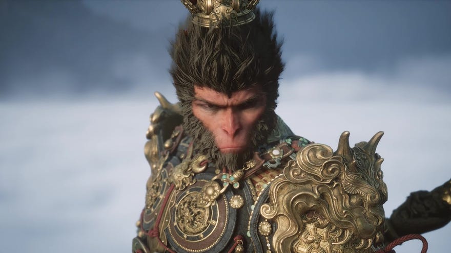 Sun Wukong sits atop a cloud in regal armour and stares at an unknown enemy in Black Myth: Wukong.