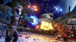 The operative Zane attacking an armoured enemy with a flamethrower in Borderlands 3.