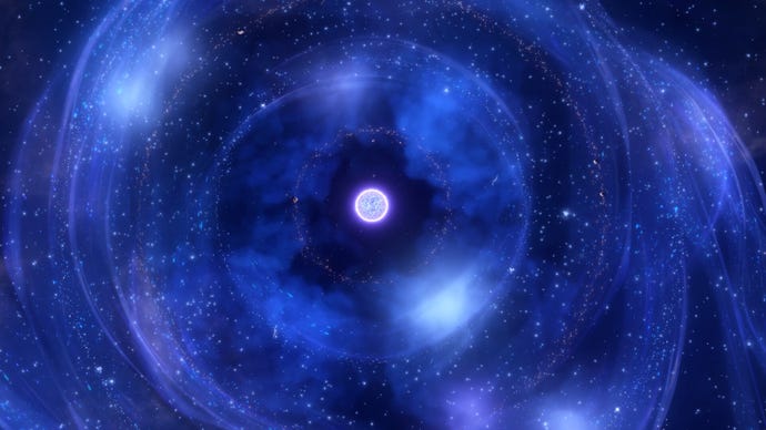 A swirling blue cosmic storm around a star in Stellaris