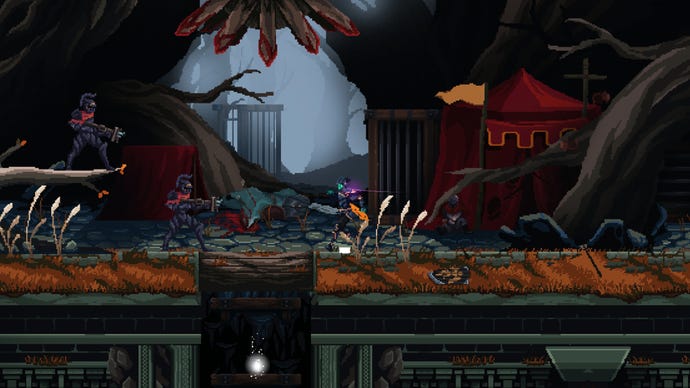 The 2D action platformer Death's Gambit Afterlife, showing the main pixelated character approaching two enemies with guns.