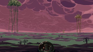 A screenshot from Dome Keeper's A Keeper's Duty update that shows a dome, with a backdrop of purple-ish skies and Striders in the distance.