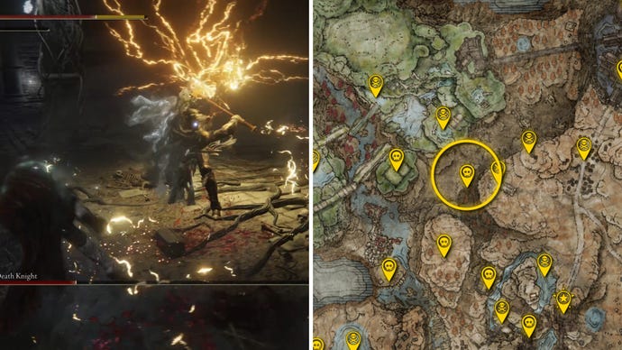 Two Elden Ring: Shadow Of The Erdtree screenshots side by side. Left: a screenshot of the player fighting the Death Knight boss. Right: the location of that boss on the map.