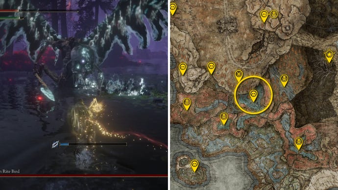 Two Elden Ring: Shadow Of The Erdtree screenshots side by side. Left: a screenshot of the player fighting the Death Rite Bird boss. Right: the location of that boss on the map.