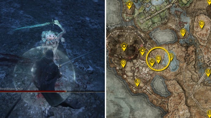 Two Elden Ring: Shadow Of The Erdtree screenshots side by side. Left: a screenshot of the player fighting the Demi-Human Swordmaster Onze boss. Right: the location of that boss on the map.