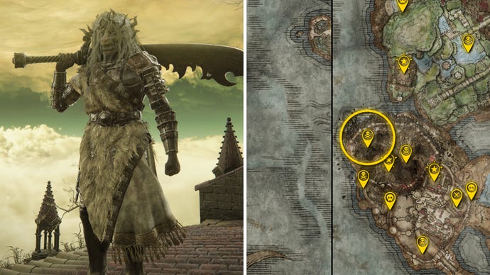 Two Elden Ring: Shadow Of The Erdtree screenshots side by side. Left: a screenshot of the player fighting the Divine Beast Warrior Of Frost boss. Right: the location of that boss on the map.