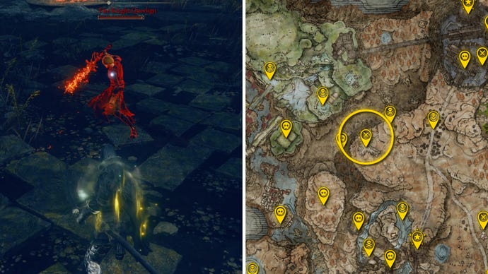 Two Elden Ring: Shadow Of The Erdtree screenshots side by side. Left: a screenshot of the player fighting the Fire Knight Queelign boss. Right: the location of that boss on the map.