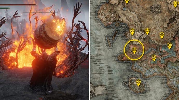 Two Elden Ring: Shadow Of The Erdtree screenshots side by side. Left: a screenshot of the player fighting the Furnace Golem boss. Right: the location of that boss on the map.