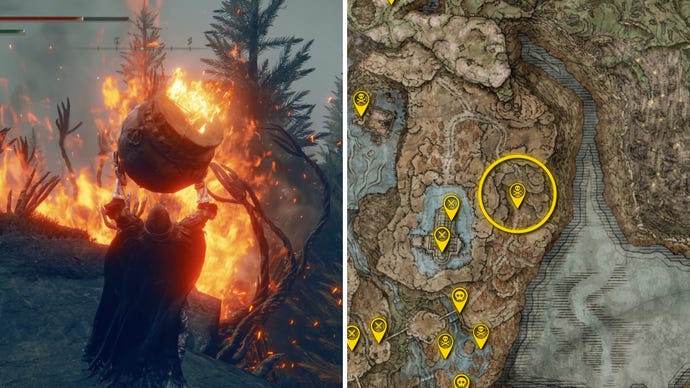 Two Elden Ring: Shadow Of The Erdtree screenshots side by side. Left: a screenshot of the player fighting the Furnace Golem boss. Right: the location of that boss on the map.