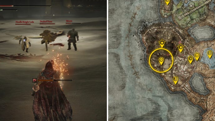 Two Elden Ring: Shadow Of The Erdtree screenshots side by side. Left: a screenshot of the player fighting the Leda and Allies boss. Right: the location of that boss on the map.