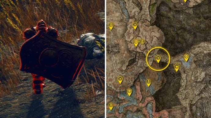 Two Elden Ring: Shadow Of The Erdtree screenshots side by side. Left: a screenshot of the player fighting the Moore boss. Right: the location of that boss on the map.