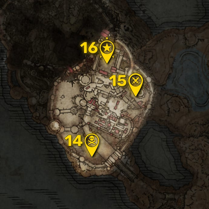 Part of the Elden Ring DLC map with all areas greyed out except for the Belurat region, and all the boss locations in that region highlighted and numbered in yellow.