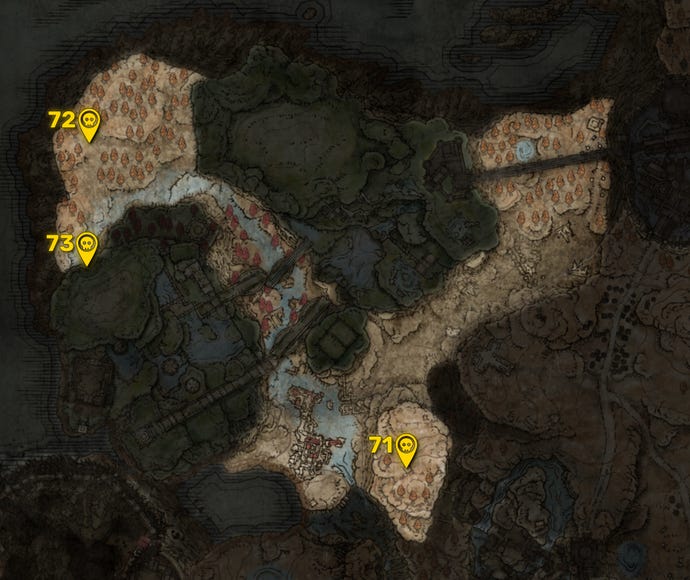 Part of the Elden Ring DLC map with all areas greyed out except for the Rauh Base region, and all the boss locations in that region highlighted and numbered in yellow.