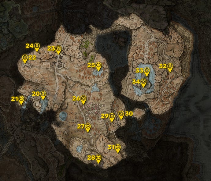 Part of the Elden Ring DLC map with all areas greyed out except for the Scadu Altus region, and all the boss locations in that region highlighted and numbered in yellow.