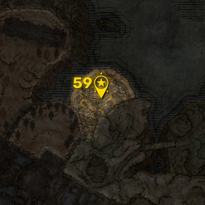 Part of the Elden Ring DLC map with all areas greyed out except for the Scadutree Base region, and all the boss locations in that region highlighted and numbered in yellow.