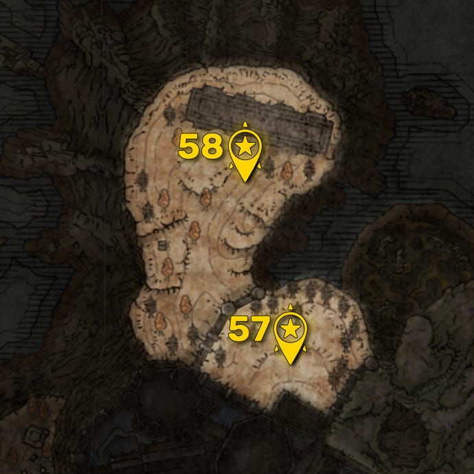 Part of the Elden Ring DLC map with all areas greyed out except for the Scaduview region, and all the boss locations in that region highlighted and numbered in yellow.