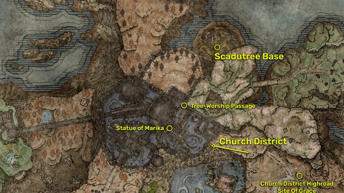 Elden Ring: Shadow Of The Erdtree map screenshot showing the route from the Church District to the Scadutree Base.