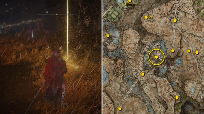 Two screenshots from Elden Ring: Shadow Of The Erdtree. Left: the player approaches a Scadutree Fragment. Right: the location of that Scadutree Fragment on the map.