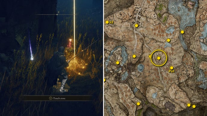 Two screenshots from Elden Ring: Shadow Of The Erdtree. Left: the player approaches a Scadutree Fragment. Right: the location of that Scadutree Fragment on the map.