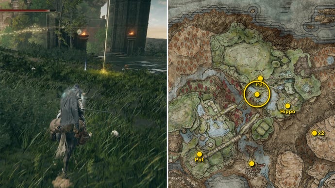 Two screenshots from Elden Ring: Shadow Of The Erdtree. Left: the player approaches a Scadutree Fragment. Right: the location of that Scadutree Fragment on the map.