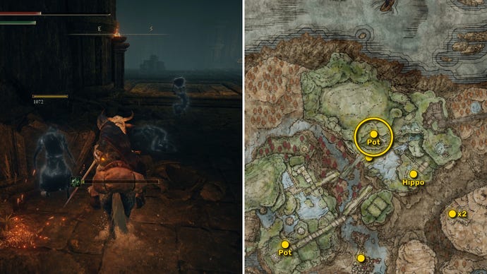 Two screenshots from Elden Ring: Shadow Of The Erdtree. Left: the player approaches a Scadutree Fragment. Right: the location of that Scadutree Fragment on the map.