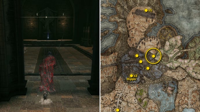 Two screenshots from Elden Ring: Shadow Of The Erdtree. Left: the player approaches a Scadutree Fragment. Right: the location of that Scadutree Fragment on the map.