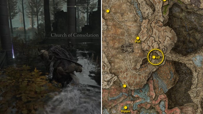 Two screenshots from Elden Ring: Shadow Of The Erdtree. Left: the player approaches a Scadutree Fragment. Right: the location of that Scadutree Fragment on the map.