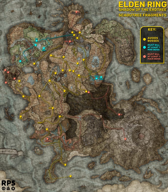 A full map of the Shadow Realm in Elden Ring: Shadow Of The Erdtree, with all 50 Scadutree Fragment locations annotated in different colours. Lines are drawn between different Scadutree Fragments to show the optimum path to reach each Scadutree Fragment, and the paths are colour-coded yellow if they avoid bosses, blue if they require only miniboss kills, and red if they require main boss kills to reach.