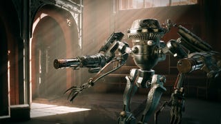 A mech with Gatling gun arms in a red brick workshop with sun pouring through the window in WolfEye's untitled new game