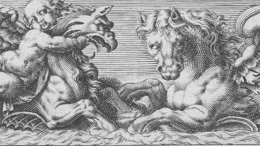 A 16th century frieze of sea monsters with cherubs clinging onto their necks