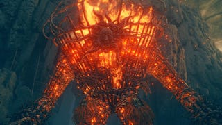 A closeup on the devastating, fiery Furnace Golem in Elden Ring: Shadow of the Erdtree.