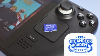 A Samsung Pro Plus microSD card on top of a Steam Deck. The RPS Steam Academy logo is added in the bottom right.