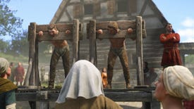 Two men are trapped in the stocks in a town square while a crowd looks on.