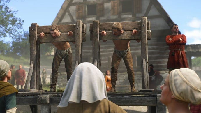 Two men are trapped in the stocks in a town square while a crowd looks on.