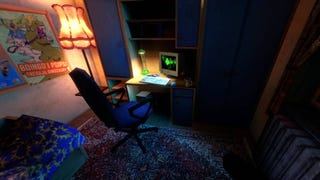 The player's room on Krypta FM, showing a desk and computer chair and an old PC with a huge screen. The room is lit by a standard lamp.